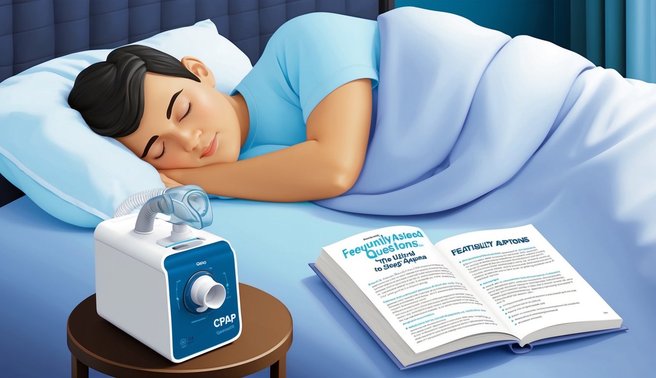 Une personne dormant paisiblement dans son lit avec une machine CPAP sur la table de nuit et un livre intitulé "Questions Fréquemment Posées : Le Guide Ultime de l'Apnée du Sommeil" ouvert à une page sur les options de traitement.