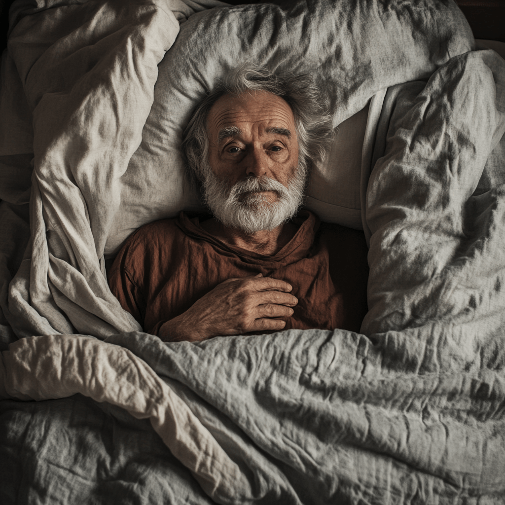 Une personne dormant dans un lit avec un appareil CPAP, entourée d'équipements médicaux et de posters informatifs sur l'apnée du sommeil.